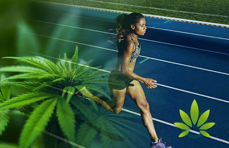 A woman athlete running through the stadium, the image of Cannabis is in the left lower corner, cbd for athletes